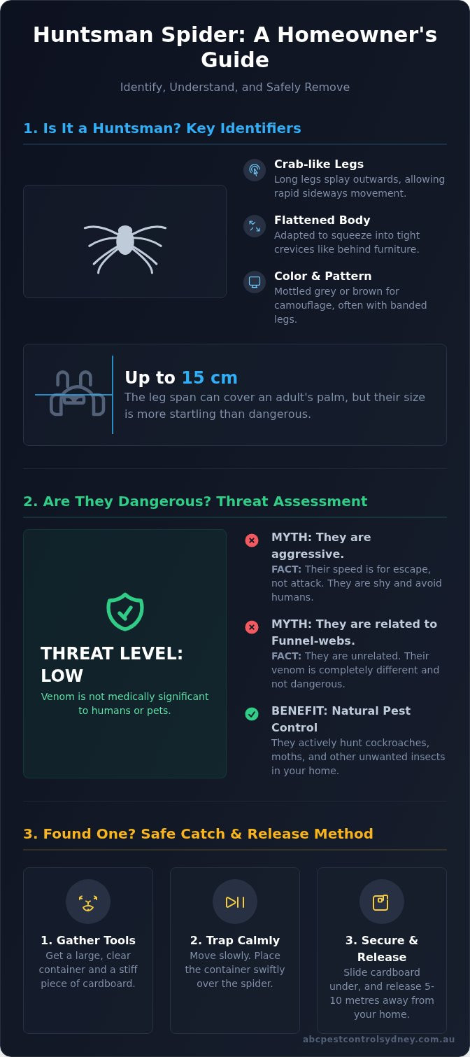 Huntsman Spider in Your Sydney Home? Your Guide to ID, Safety & Removal - Infographic