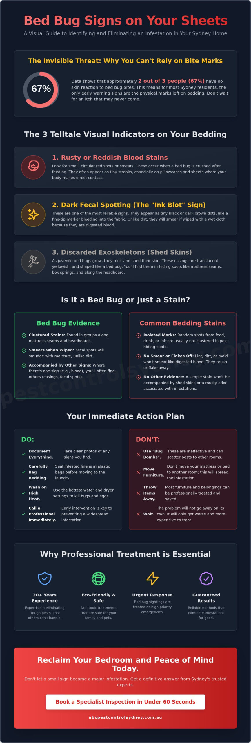 Bed Bug Signs on Sheets: How to Identify an Infestation in Your Sydney Home - Infographic