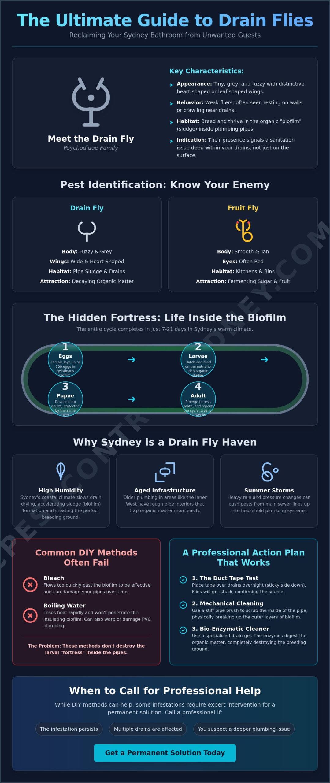 Tiny Fuzzy Flies in Bathroom (Sydney): Identifying and Removing Drain Flies - Infographic
