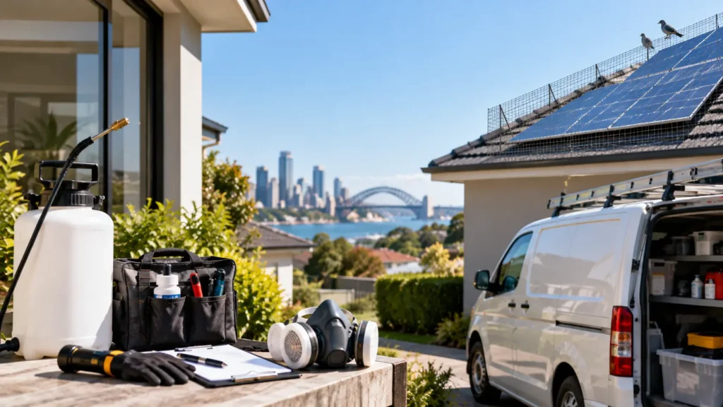 Professional pest control equipment, protective gear, and service van outside a home, with solar panels visible on the roof.