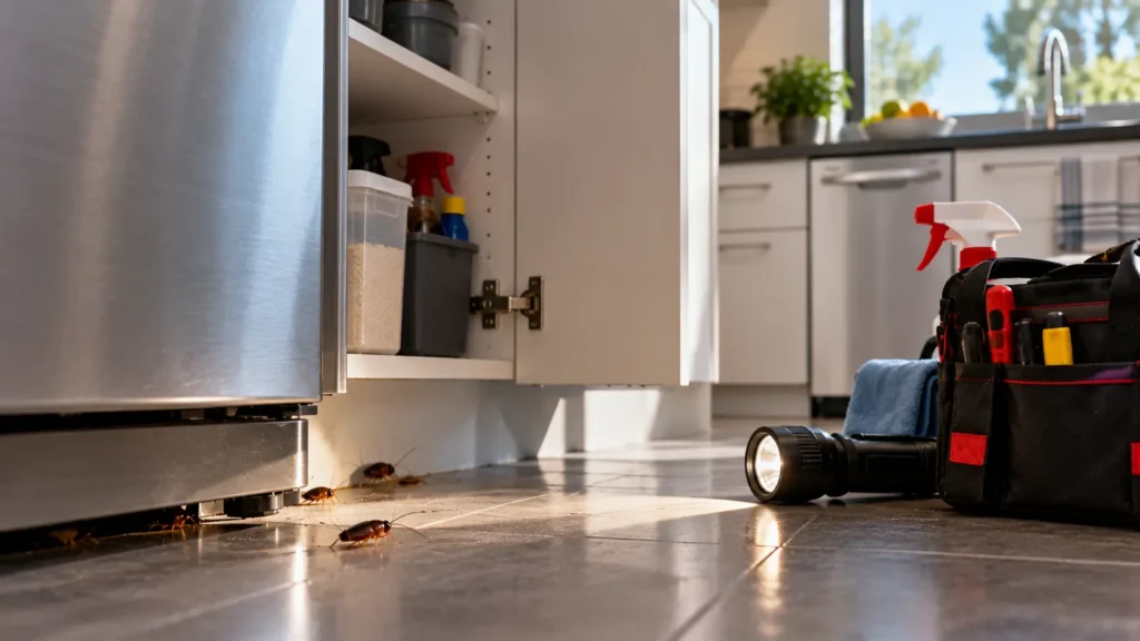 German cockroaches emerging from beneath a refrigerator in a kitchen, with pest control tools and cleaning supplies nearby.