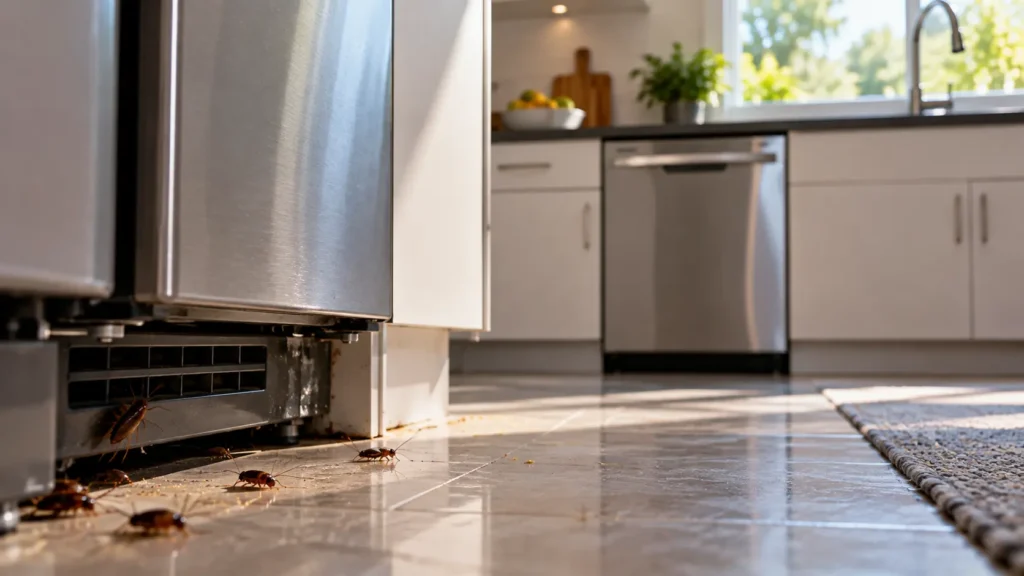German cockroaches crawling across a kitchen floor near the base of a refrigerator.