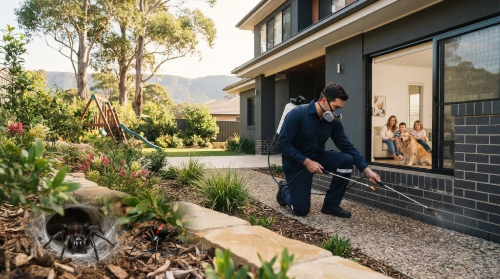 Pest control technician spraying for spiders near garden bed outside Australian home