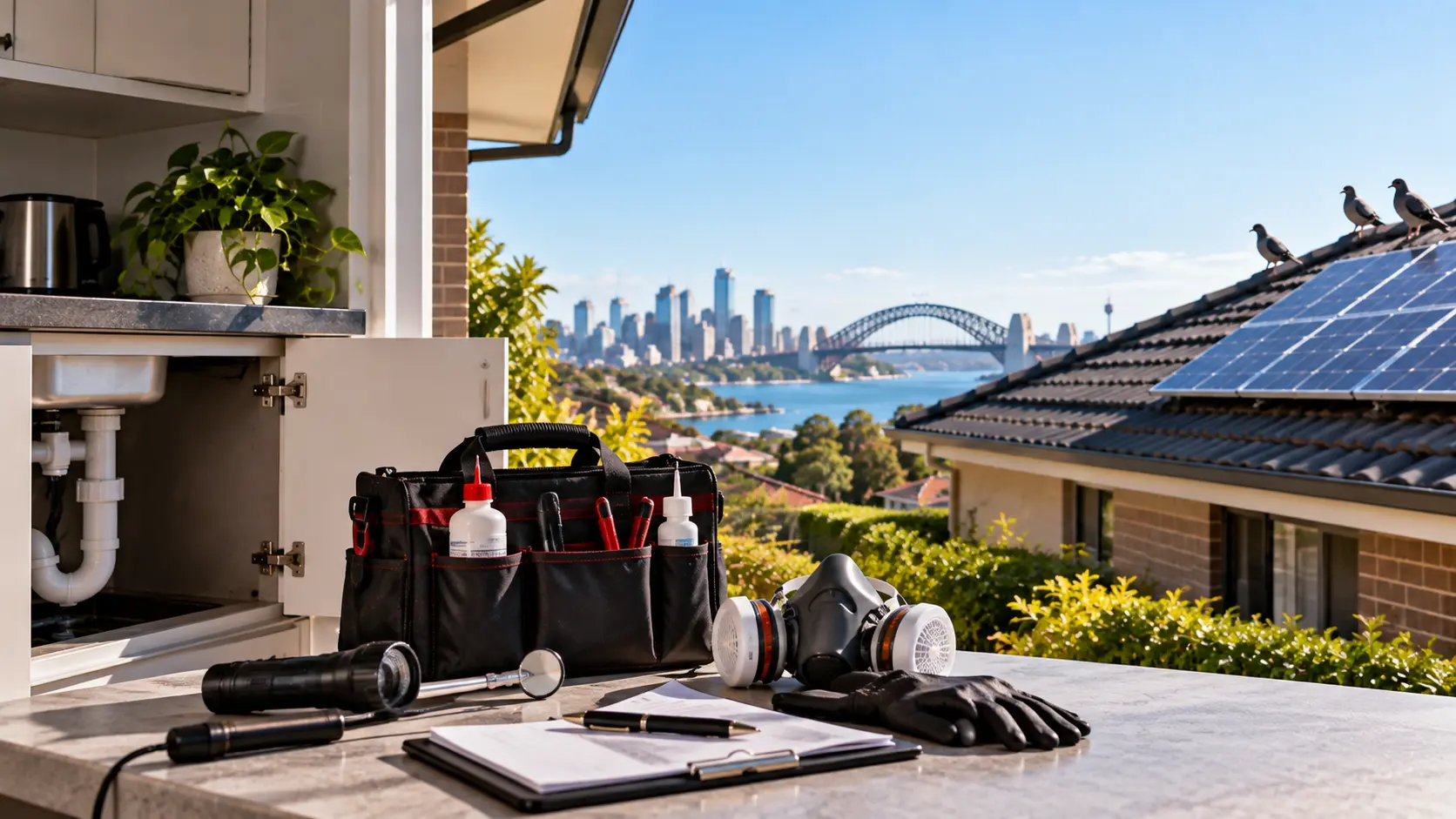 Pest control tools, inspection equipment, protective gloves, and respirator arranged on a kitchen counter during a professional home inspection.